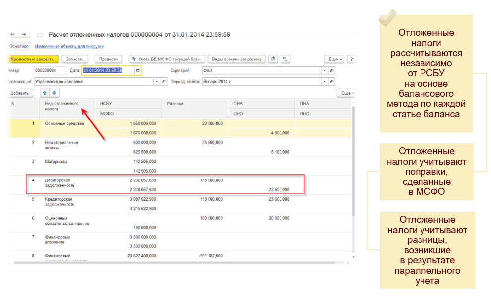Функциональность «1С:Бухгалтерии КОРП МСФО», Расчет отложенных налогов в подсистеме МСФО