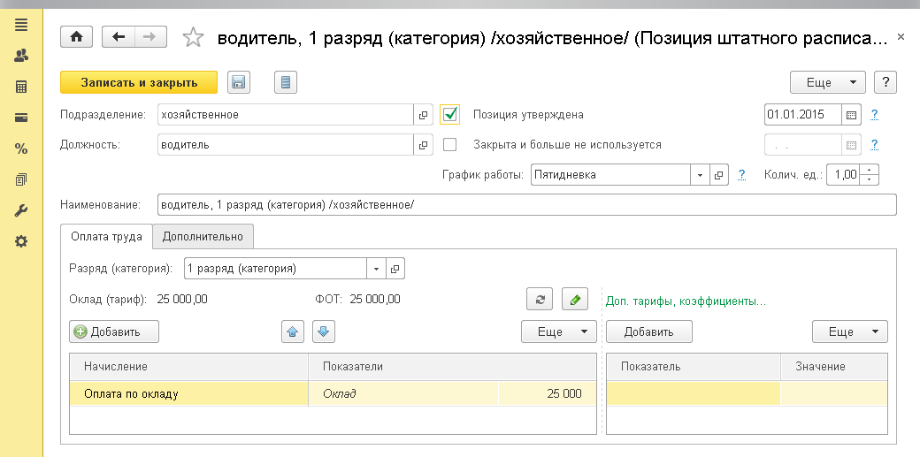 Возможности версии ПРОФ, Позиция штатного расписания